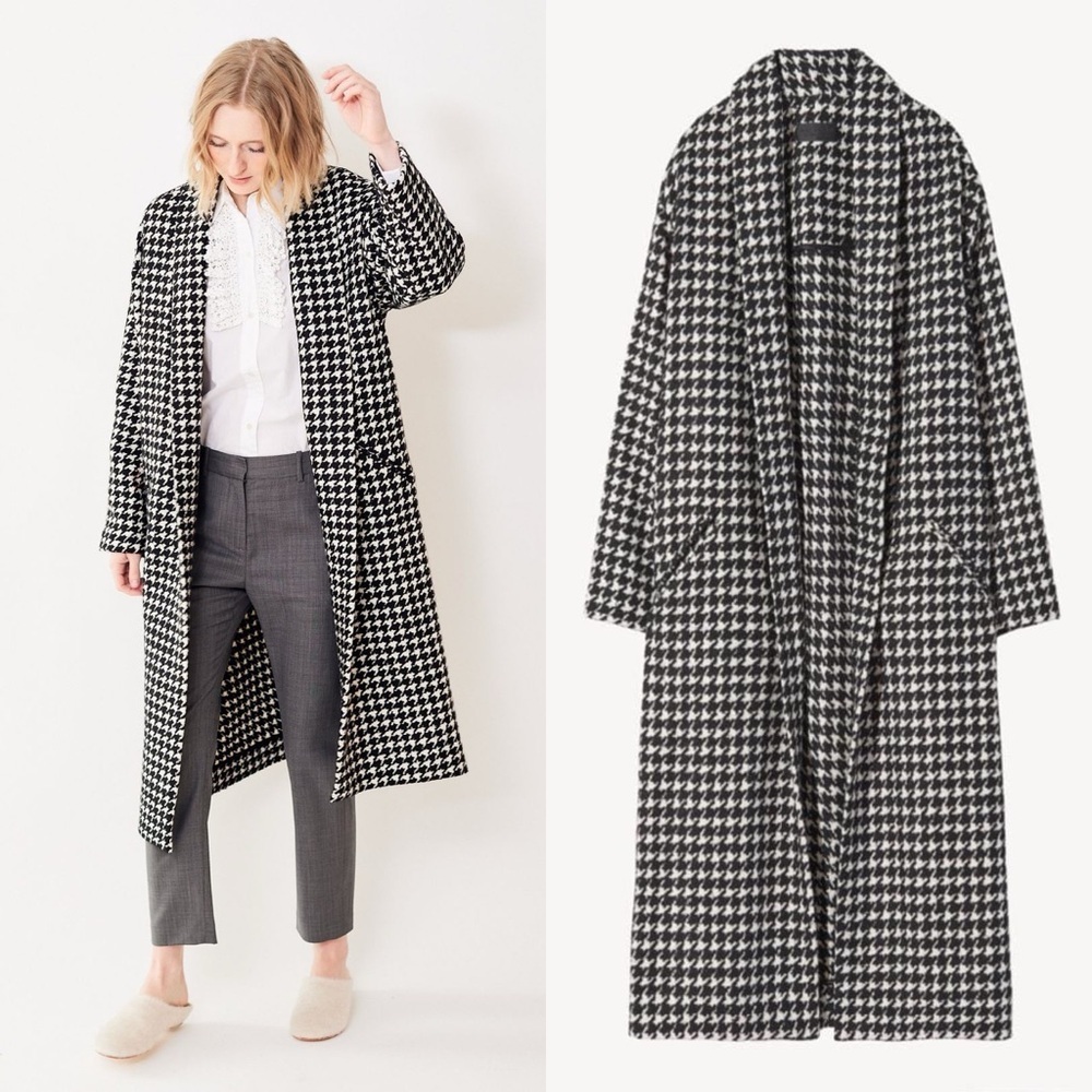 🆕 NILI LOTAN Kidman Houndstooth Virgin Wool Trench Coat in Black/White Sz L